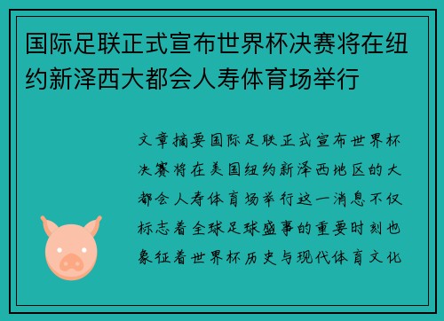 国际足联正式宣布世界杯决赛将在纽约新泽西大都会人寿体育场举行