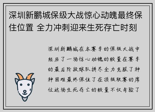 深圳新鹏城保级大战惊心动魄最终保住位置 全力冲刺迎来生死存亡时刻 深圳新鹏城保级大战惊心动魄最终保住位置 全力冲刺迎来生死存亡时刻