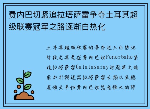 费内巴切紧追拉塔萨雷争夺土耳其超级联赛冠军之路逐渐白热化